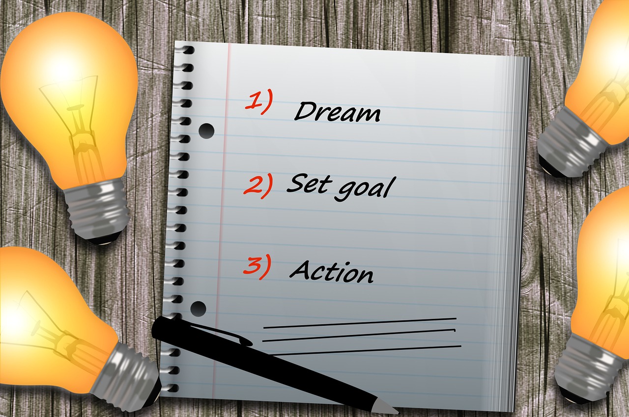 Image of a paper with 1 dream, 2 set goal, and 3 action written on it - by kalhh from Pixabay